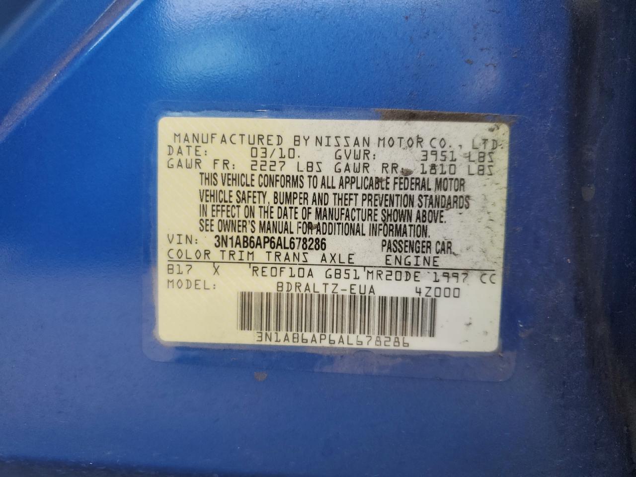 2010 Nissan Sentra 2.0 VIN: 3N1AB6AP6AL678286 Lot: 71537445