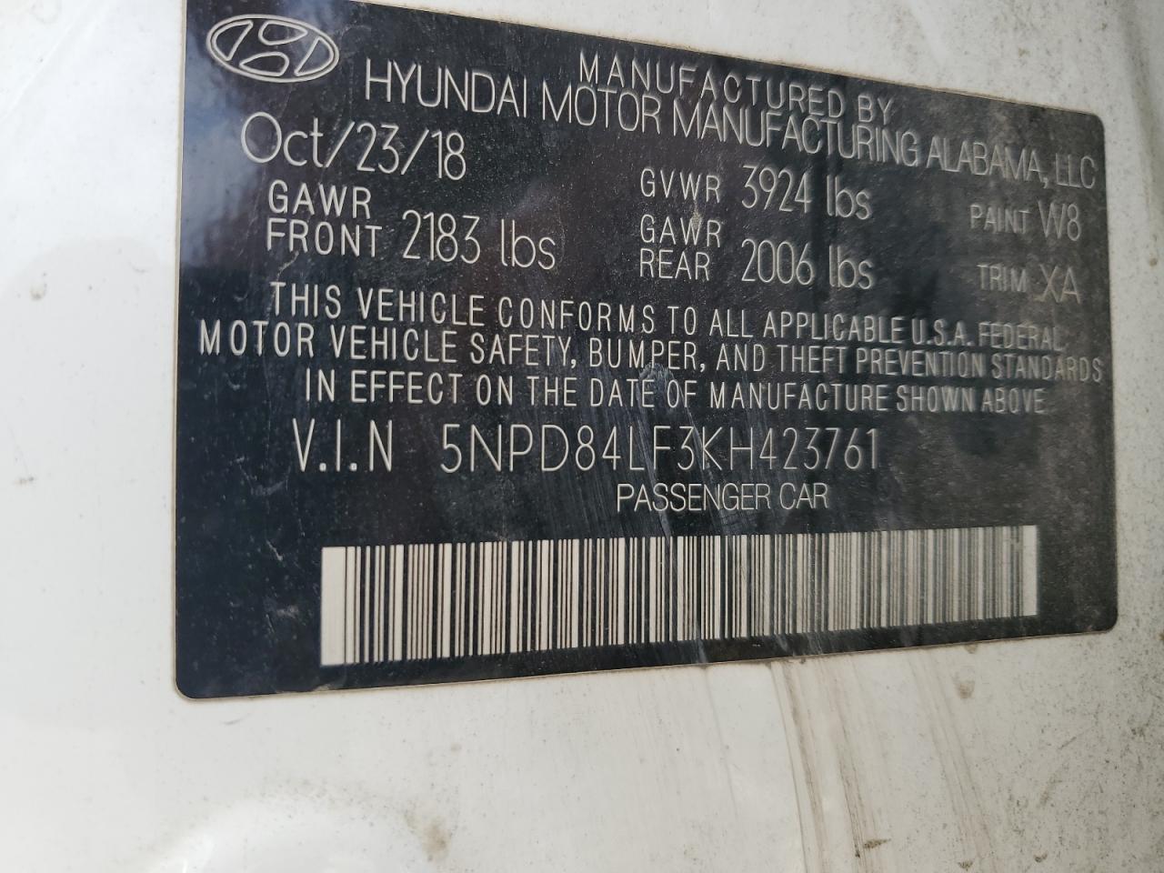 2019 Hyundai Elantra Sel VIN: 5NPD84LF3KH423761 Lot: 84420875