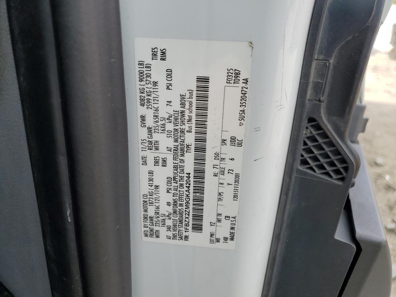 2016 Ford Transit T-350 VIN: 1FBZX2ZM9GKA42044 Lot: 72029345