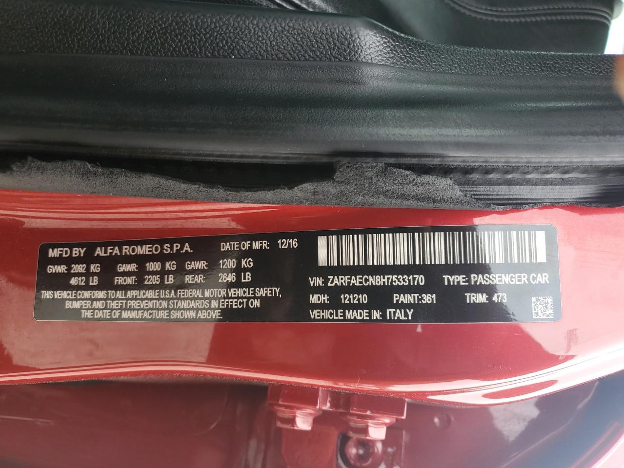 2017 Alfa Romeo Giulia Ti VIN: ZARFAECN8H7533170 Lot: 81196075