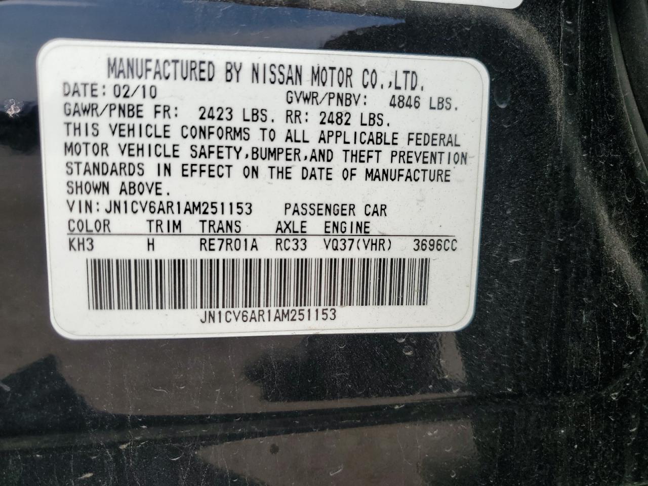 2010 Infiniti G37 VIN: JN1CV6AR1AM251153 Lot: 81001445