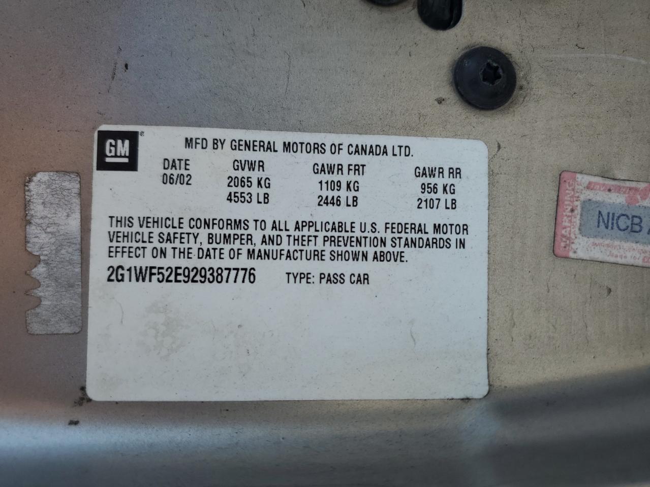 2002 Chevrolet Impala VIN: 2G1WF52E929387776 Lot: 71919735