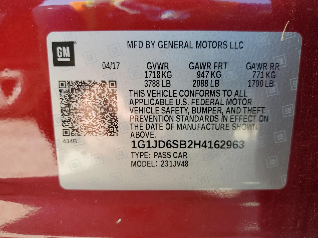 2017 Chevrolet Sonic Lt VIN: 1G1JD6SB2H4162963 Lot: 81880275