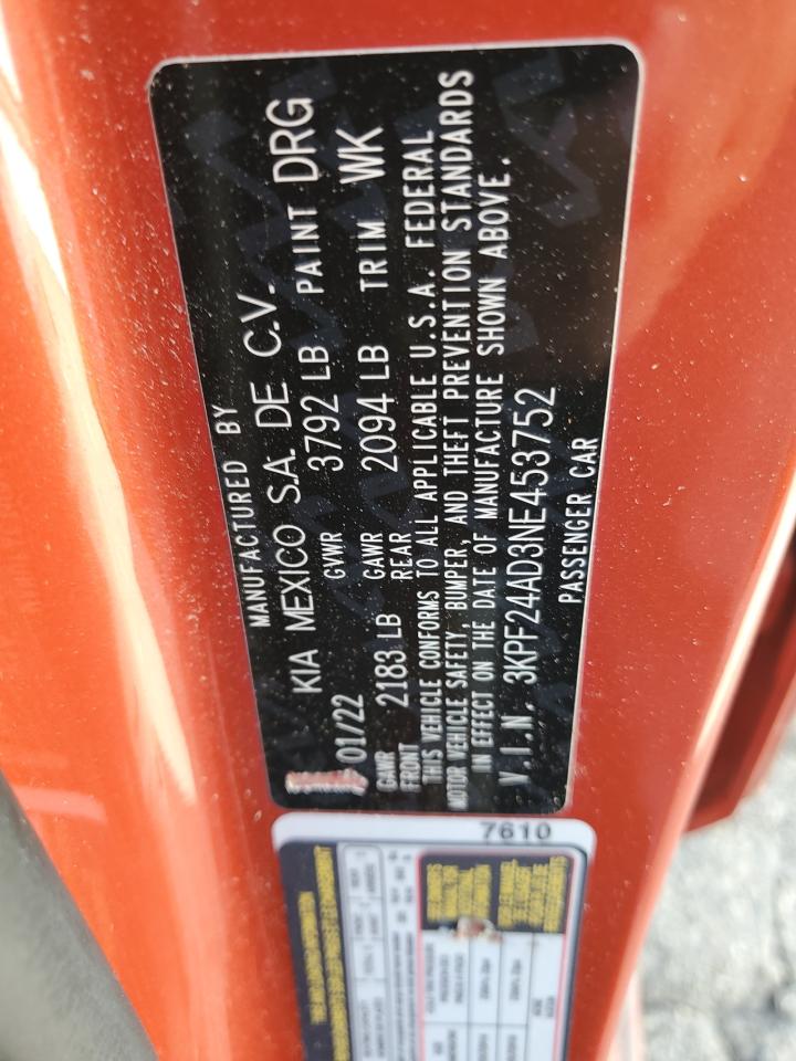 2022 Kia Forte Fe VIN: 3KPF24AD3NE453752 Lot: 84394295