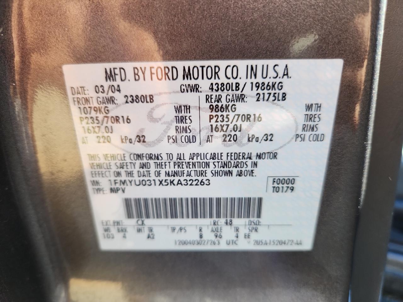 2005 Ford Escape Xlt VIN: 1FMYU031X5KA32263 Lot: 84467765