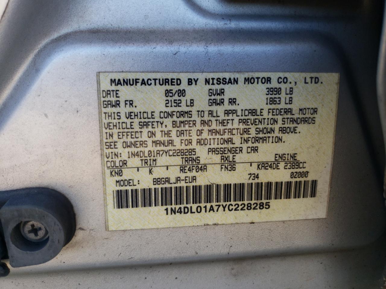 2000 Nissan Altima Xe VIN: 1N4DL01A7YC228285 Lot: 81745645