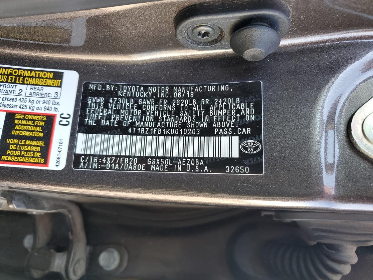 2019 Toyota Avalon Xle VIN: 4T1BZ1FB1KU010203 Lot: 81591555