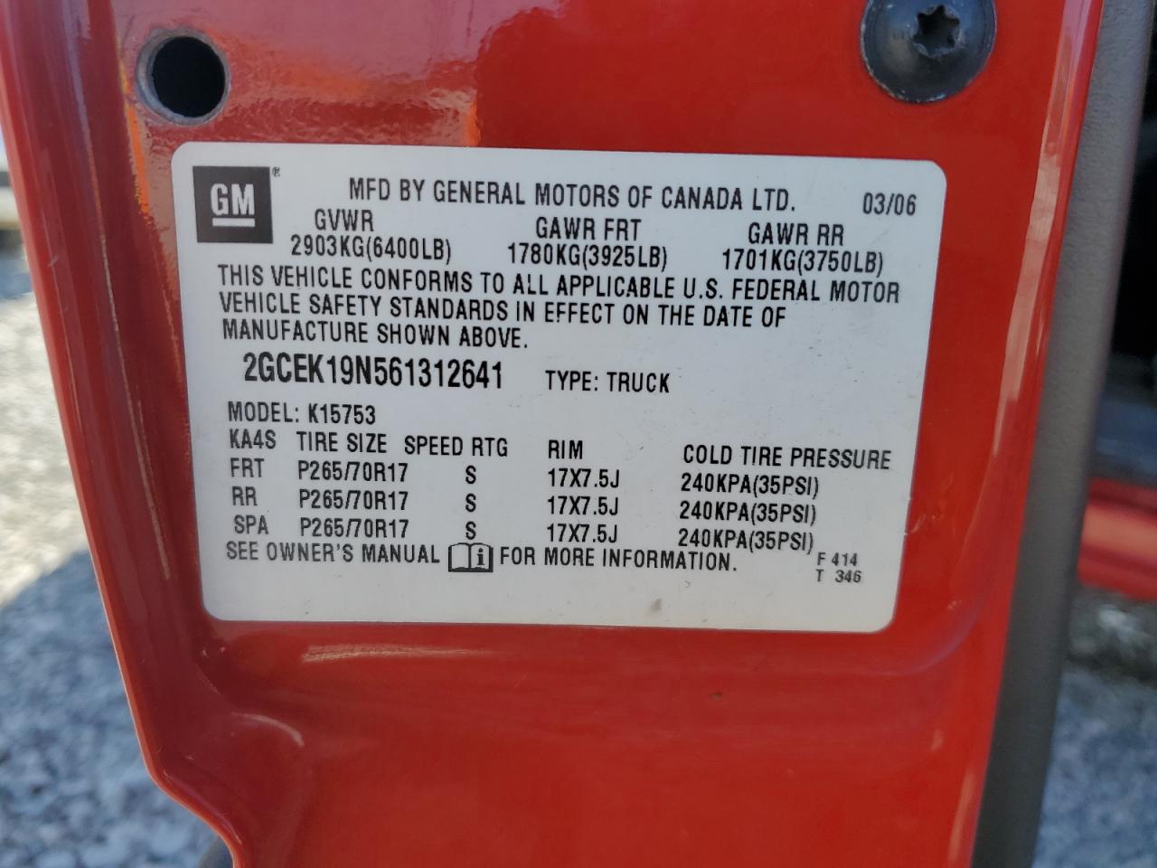 2006 Chevrolet Silverado K1500 VIN: 2GCEK19N561312641 Lot: 81849825