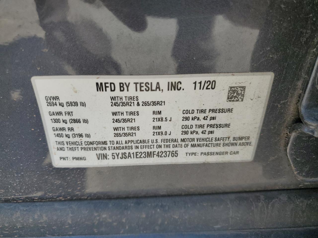 2021 Tesla Model S VIN: 5YJSA1E23MF423765 Lot: 80638175