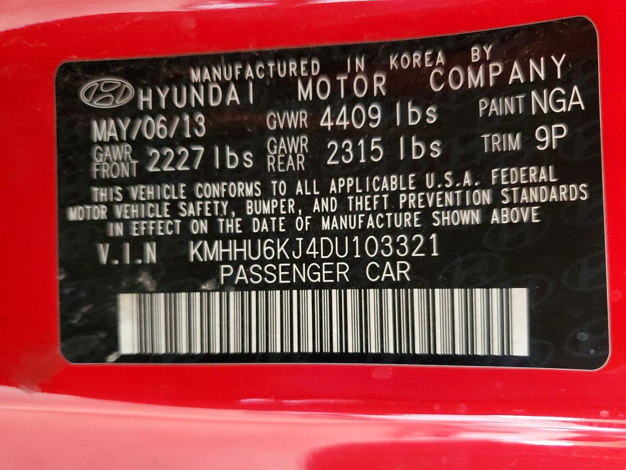 2013 Hyundai Genesis Coupe 3.8L VIN: KMHHU6KJ4DU103321 Lot: 71738545