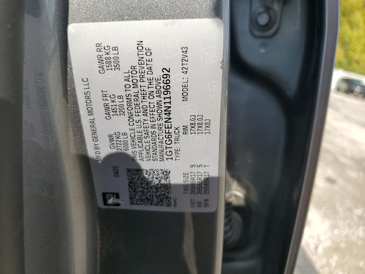 2022 GMC Canyon At4 VIN: 1GTG6FEN4N1196692 Lot: 84372875