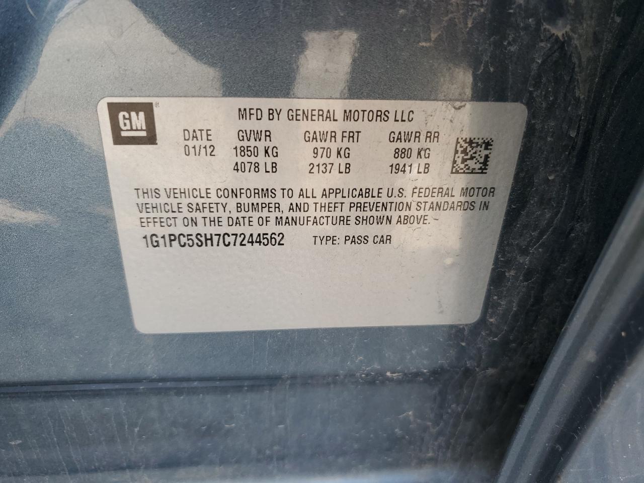 2012 Chevrolet Cruze Ls VIN: 1G1PC5SH7C7244562 Lot: 81096645