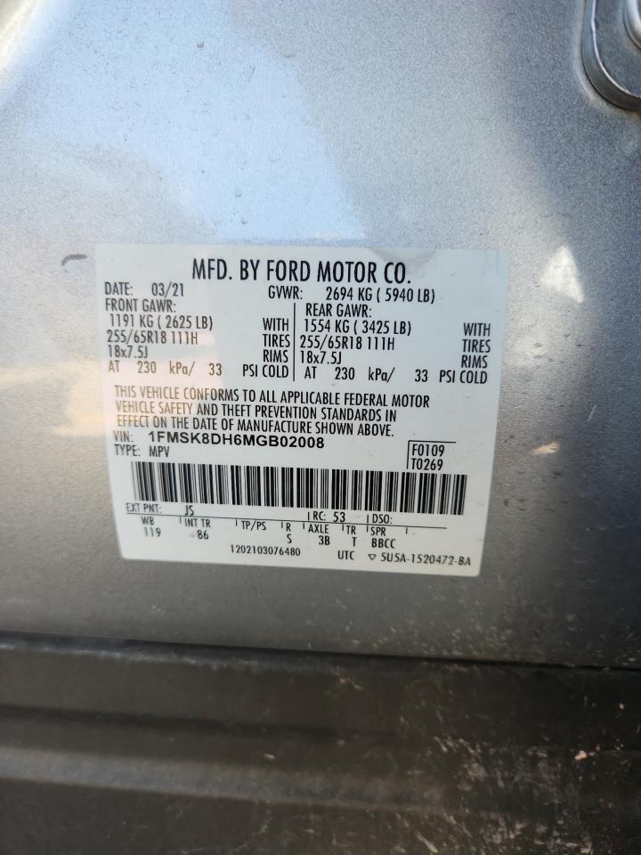 2021 Ford Explorer Xlt VIN: 1FMSK8DH6MGB02008 Lot: 81684525