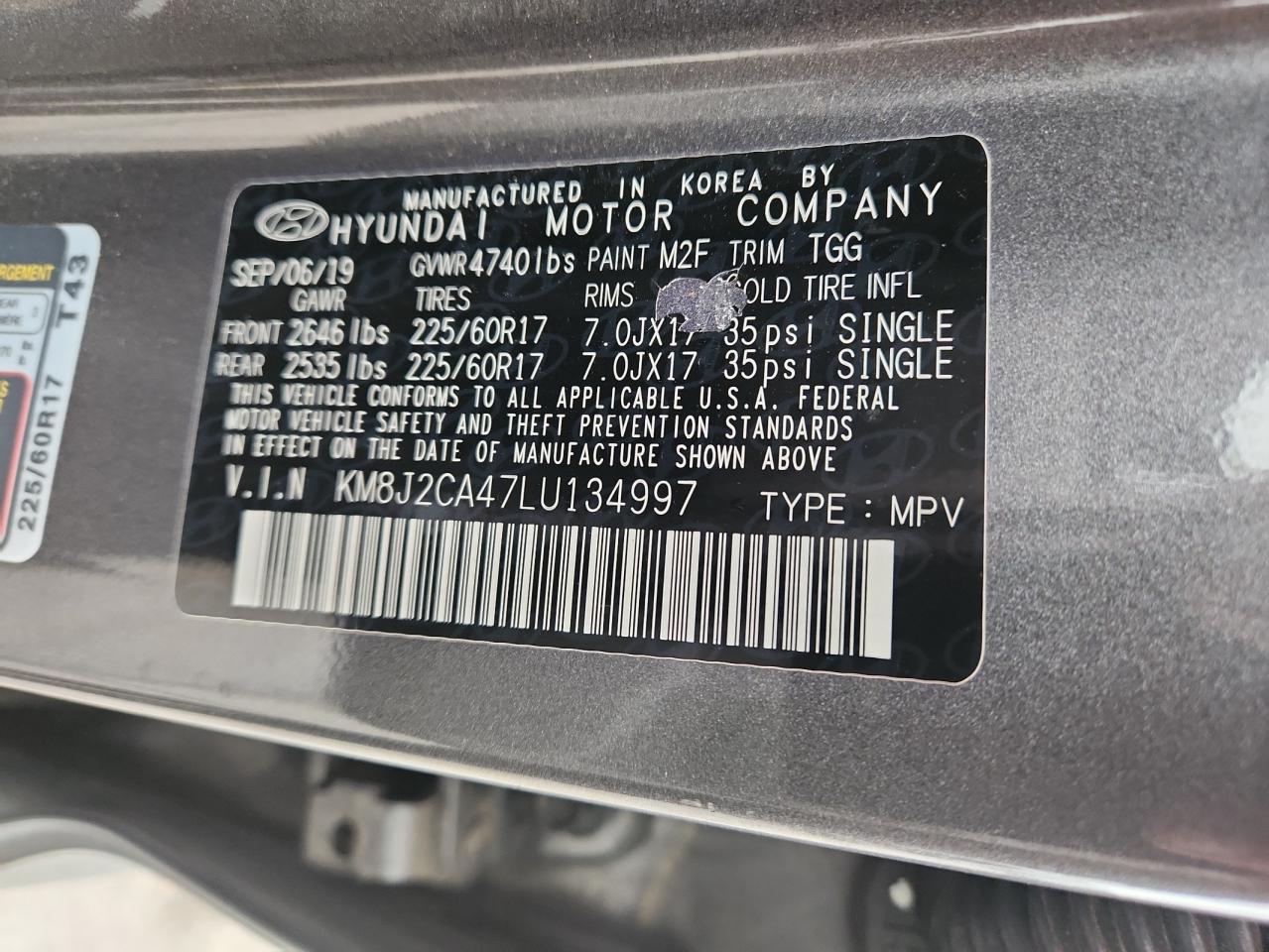 2020 Hyundai Tucson Se VIN: KM8J2CA47LU134997 Lot: 83870065