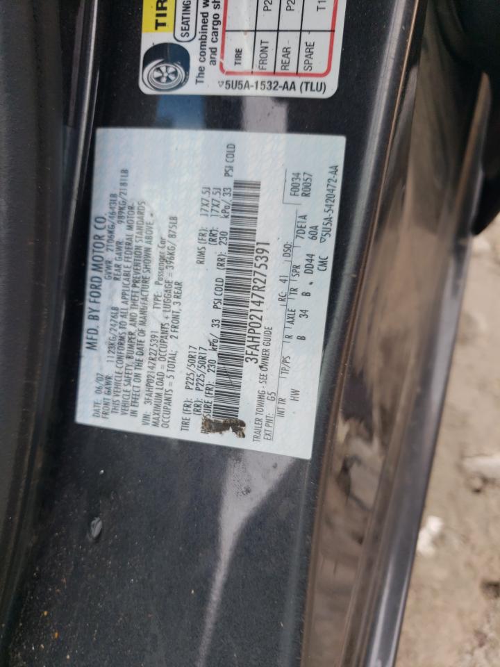 2007 Ford Fusion Sel VIN: 3FAHP02147R275391 Lot: 82144265