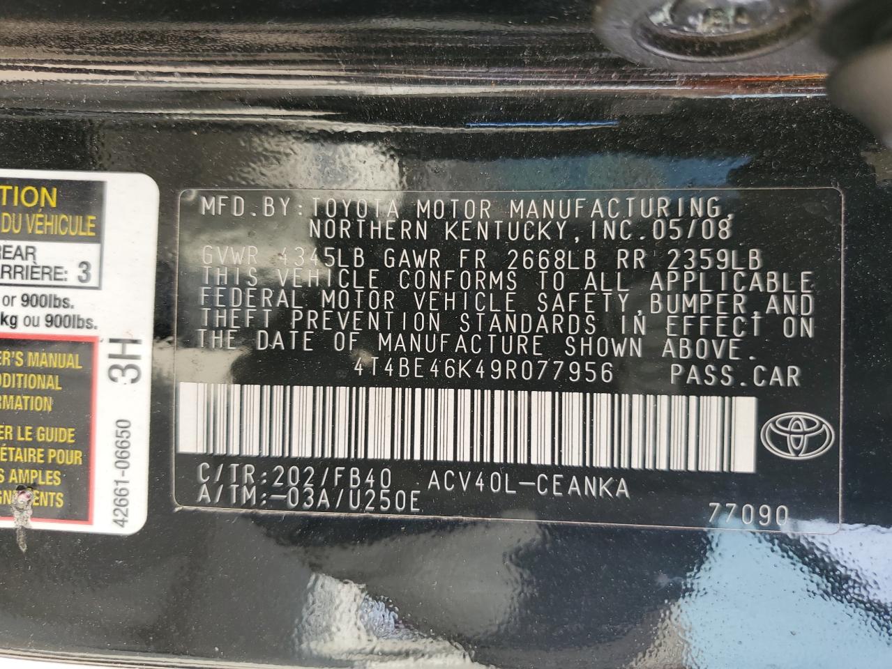 2009 Toyota Camry Base VIN: 4T4BE46K49R077956 Lot: 80088205