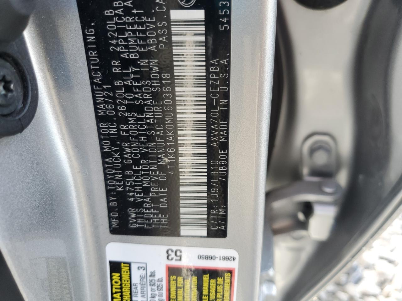2021 Toyota Camry Xse VIN: 4T1K61AK0MU603618 Lot: 84181225