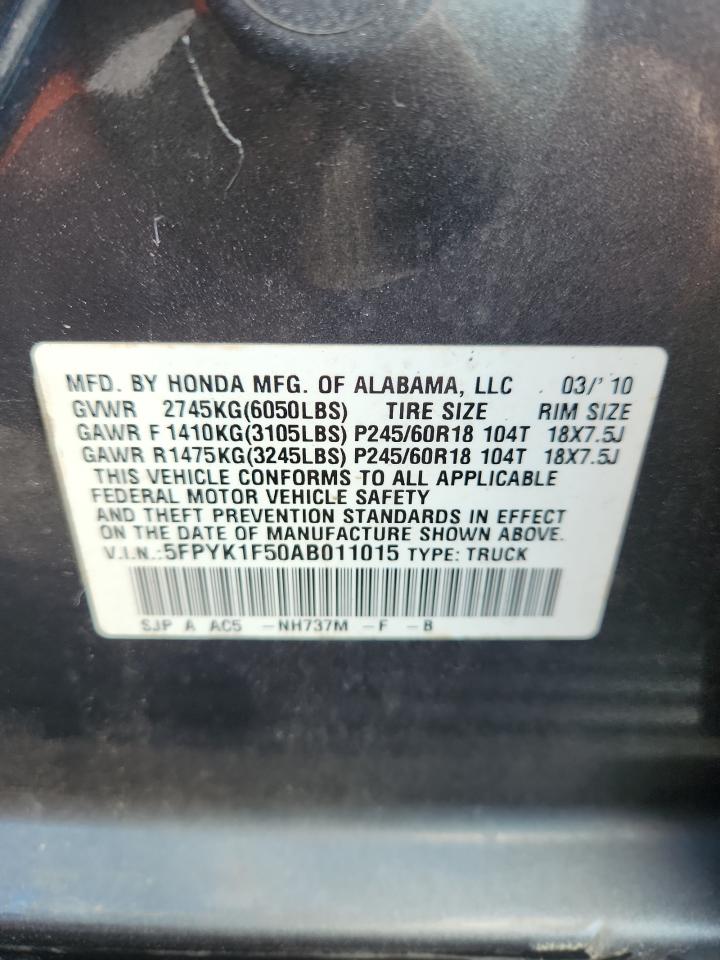 2010 Honda Ridgeline Rtl VIN: 5FPYK1F50AB011015 Lot: 69582955