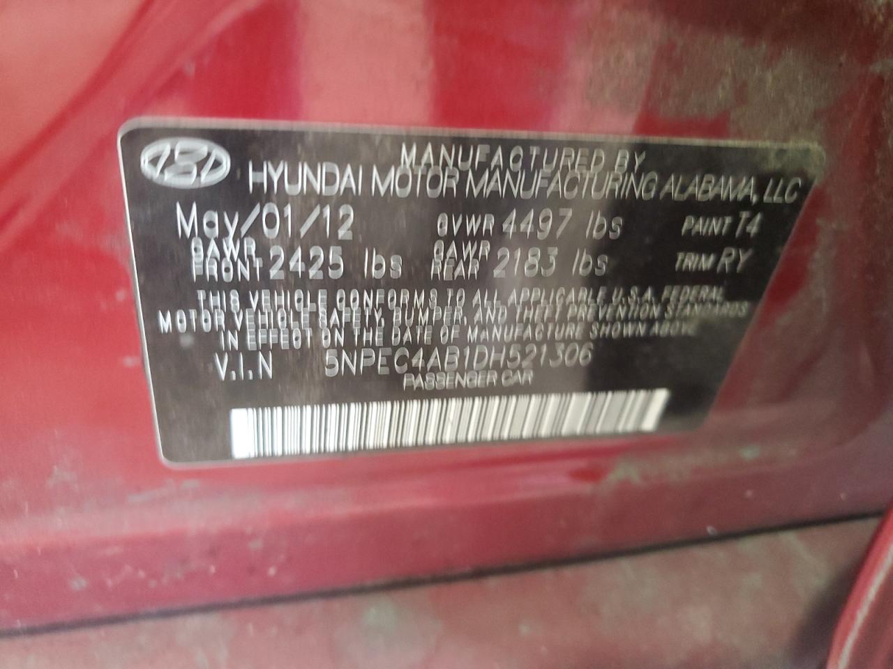 2013 Hyundai Sonata Se VIN: 5NPEC4AB1DH521306 Lot: 80386555