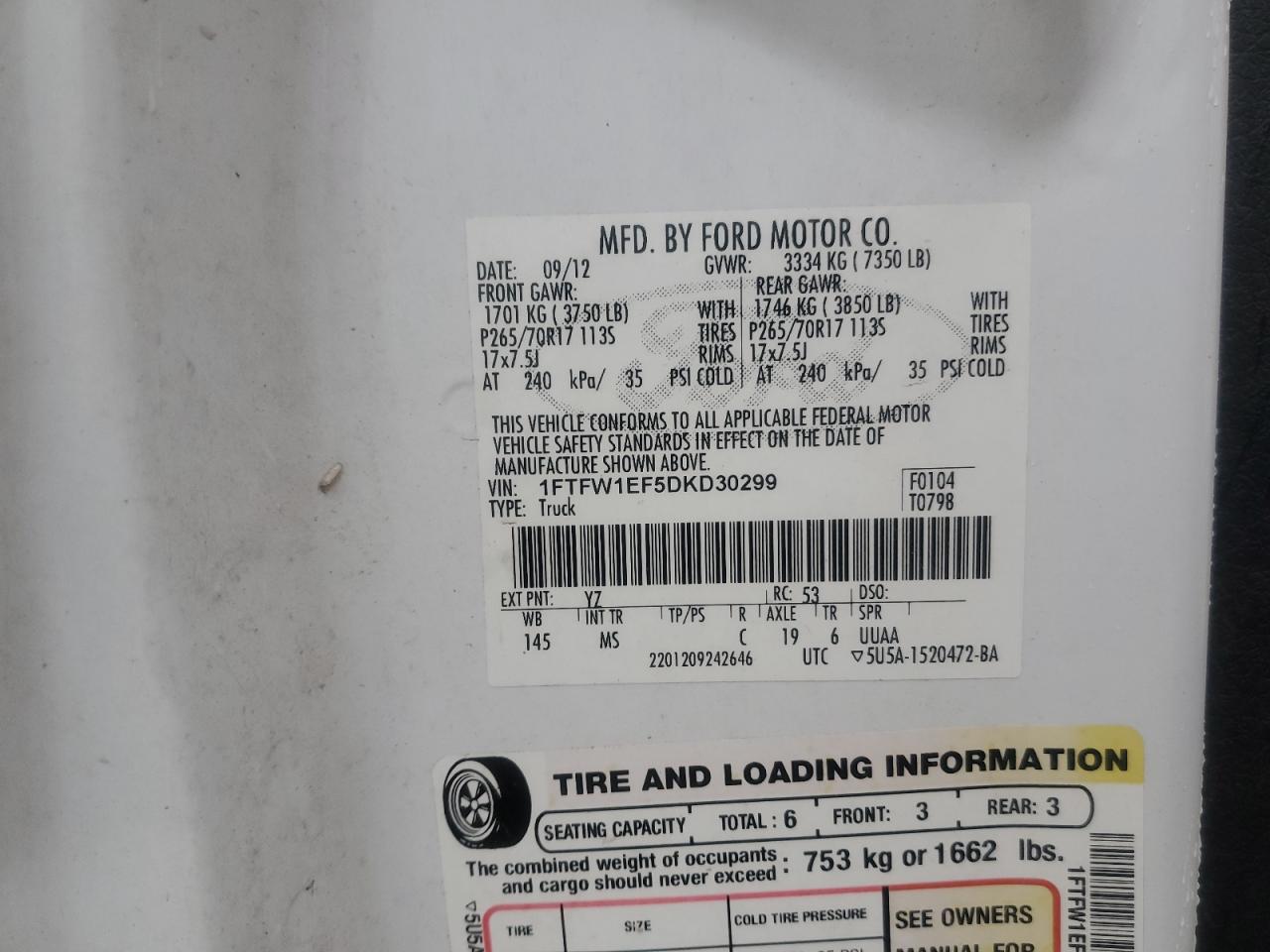 2013 Ford F150 Supercrew VIN: 1FTFW1EF5DKD30299 Lot: 72086055