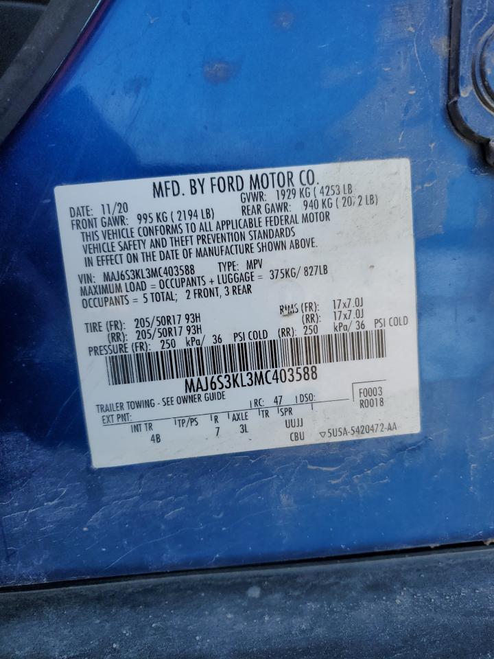 2021 Ford Ecosport Titanium VIN: MAJ6S3KL3MC403588 Lot: 72046485