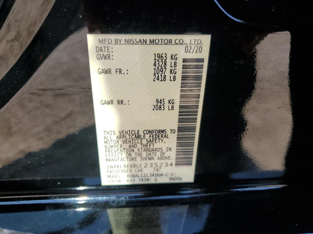 2020 Nissan Altima Sl VIN: 1N4BL4EV8LC235234 Lot: 81248855