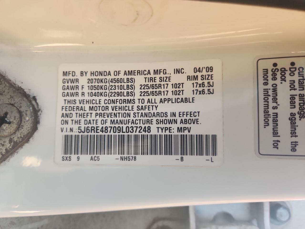 2009 Honda Cr-V Exl VIN: 5J6RE48709L037248 Lot: 80020395