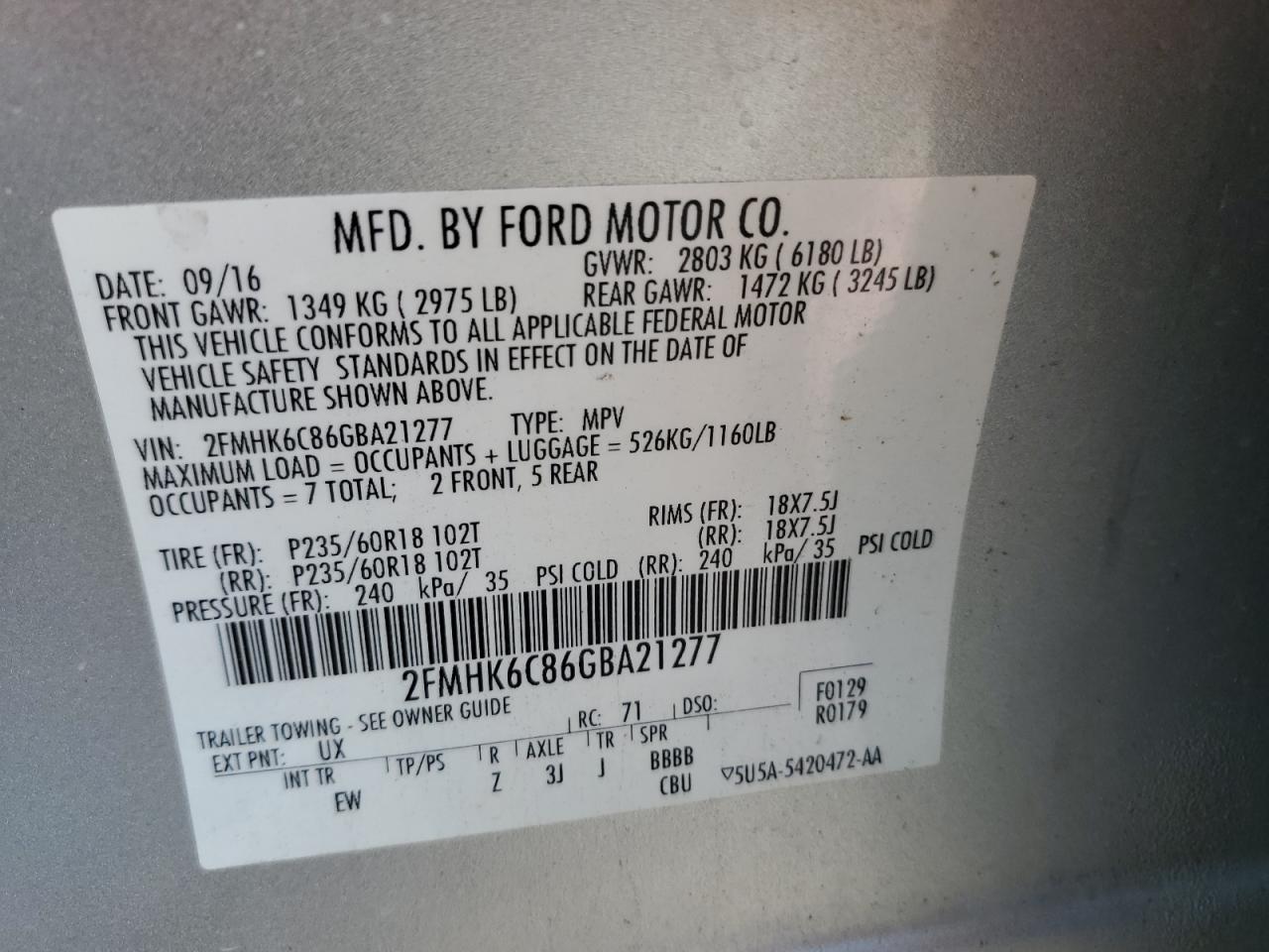 2016 Ford Flex Sel VIN: 2FMHK6C86GBA21277 Lot: 80185635