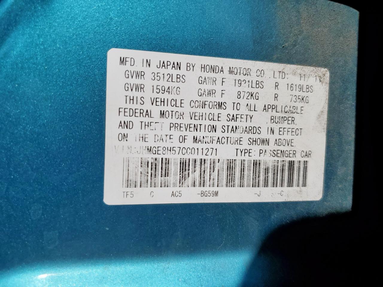 2012 Honda Fit Sport VIN: JHMGE8H57CC011271 Lot: 84522145