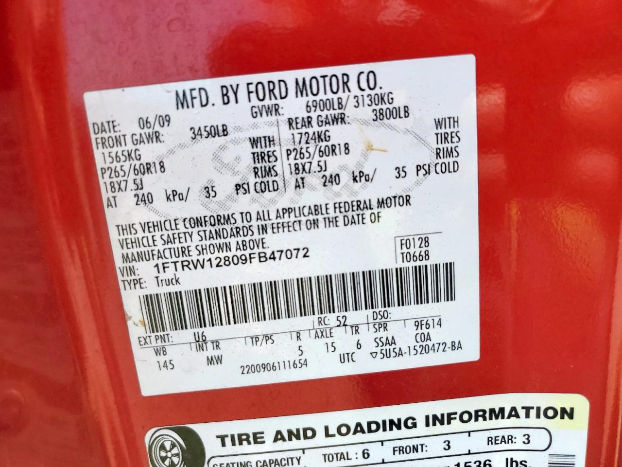 2009 Ford F150 Supercrew VIN: 1FTRW12809FB47072 Lot: 71271745