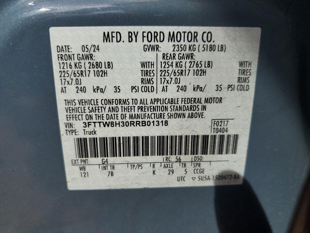 2024 Ford Maverick Xlt VIN: 3FTTW8H30RRB01318 Lot: 72062245