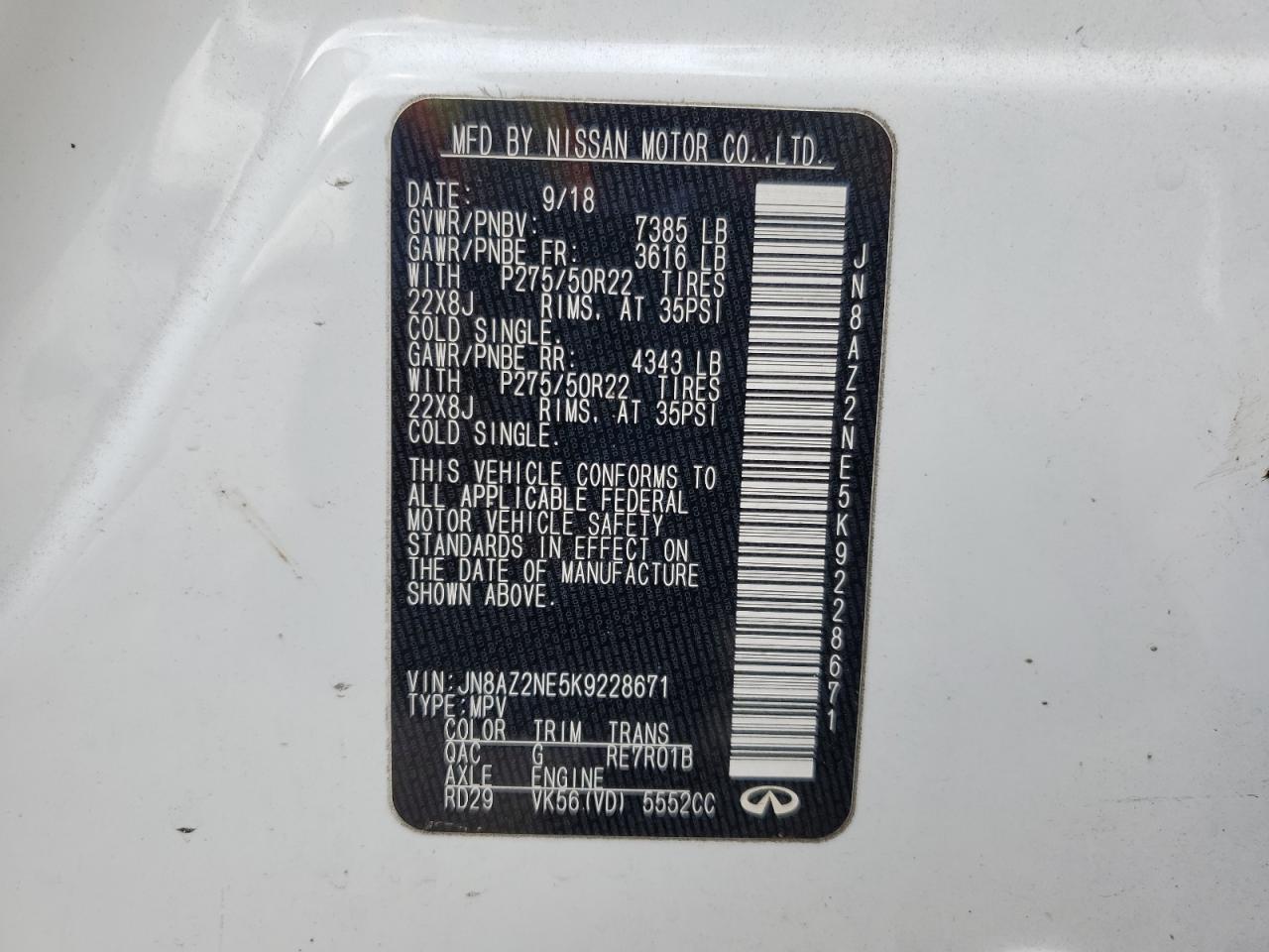 2019 Infiniti Qx80 Luxe VIN: JN8AZ2NE5K9228671 Lot: 70911185