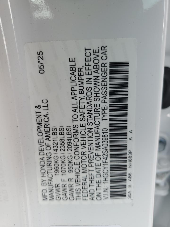 2025 Honda Accord Se VIN: 1HGCY1F42SA039810 Lot: 84183615