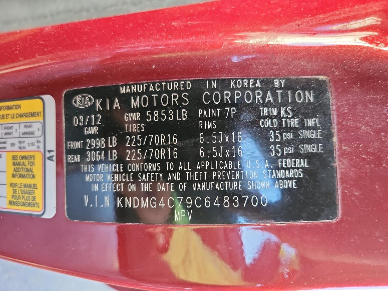 2012 Kia Sedona Lx VIN: KNDMG4C79C6483700 Lot: 83758885