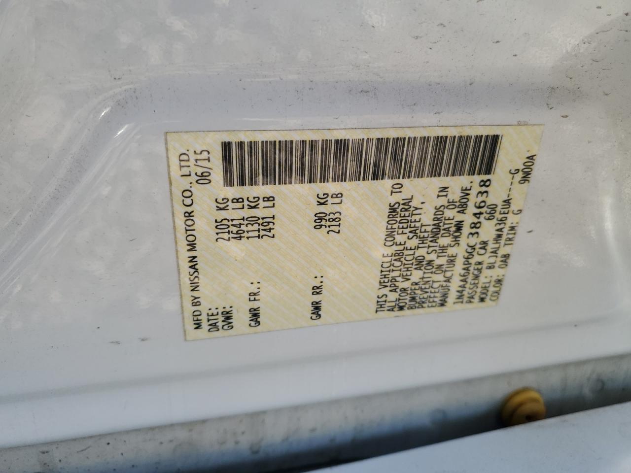 2016 Nissan Maxima 3.5S VIN: 1N4AA6AP6GC384638 Lot: 81146175