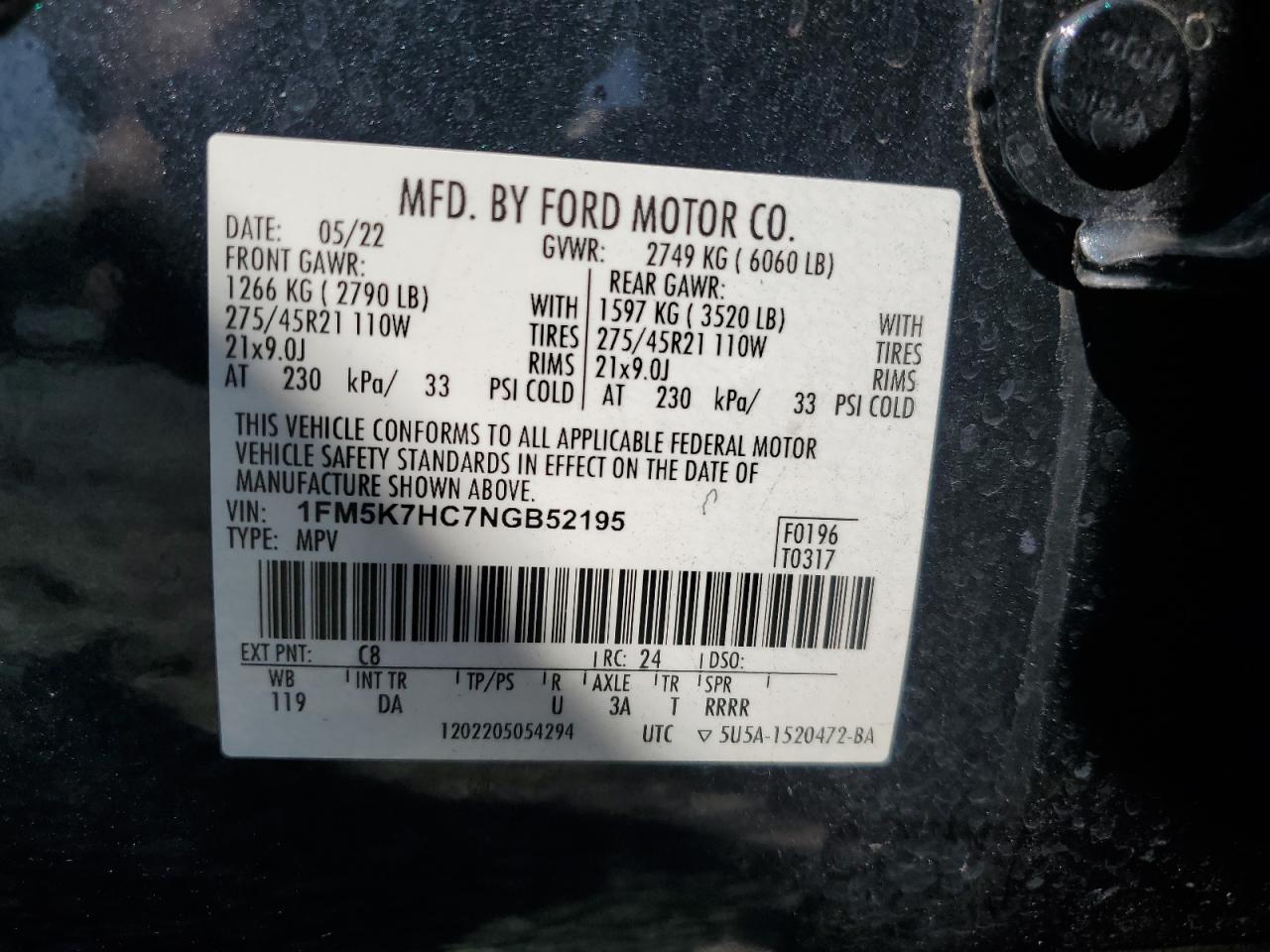 2022 Ford Explorer Platinum VIN: 1FM5K7HC7NGB52195 Lot: 81114825