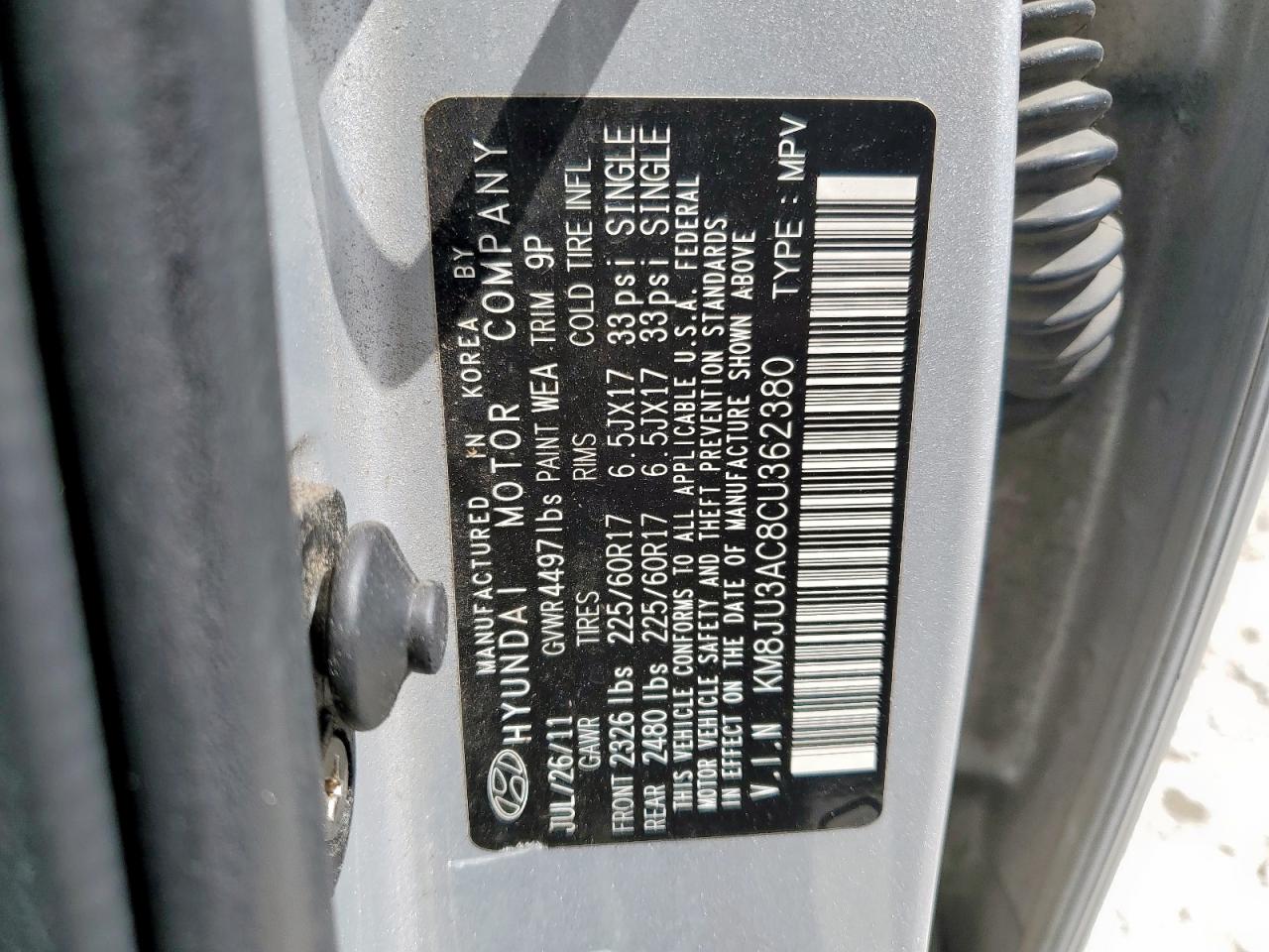 2012 Hyundai Tucson Gls VIN: KM8JU3AC8CU362380 Lot: 84372085