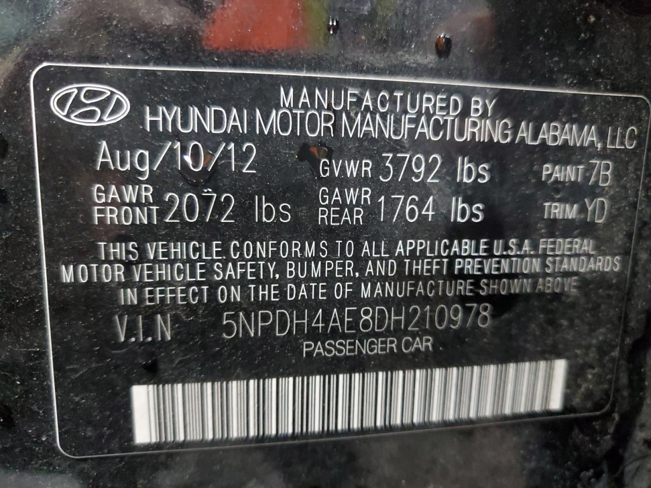 2013 Hyundai Elantra Gls VIN: 5NPDH4AE8DH210978 Lot: 83859885