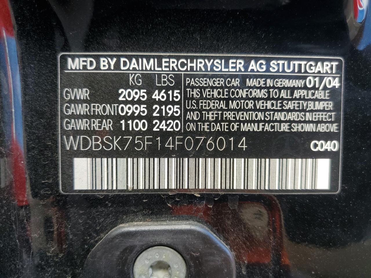 2004 Mercedes-Benz Sl 500 VIN: WDBSK75F14F076014 Lot: 81742515