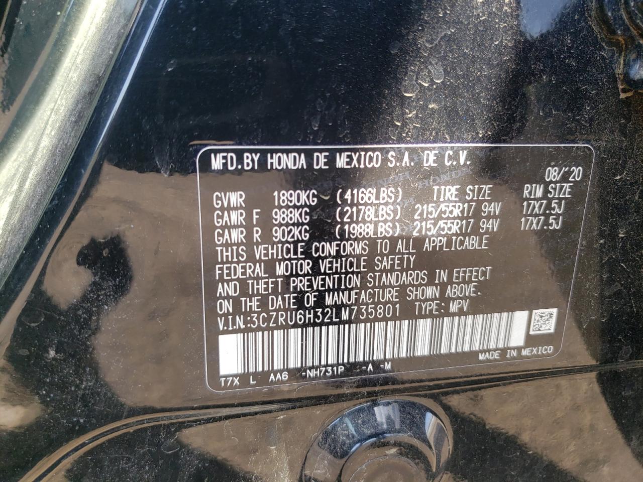 2020 Honda Hr-V Lx VIN: 3CZRU6H32LM735801 Lot: 81206185