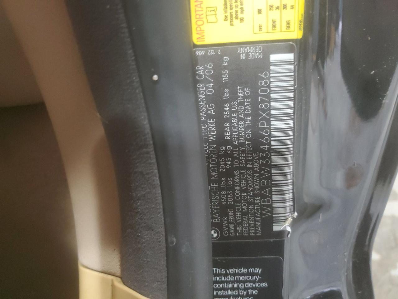 2006 BMW 325 Ci VIN: WBABW33466PX87086 Lot: 80641035