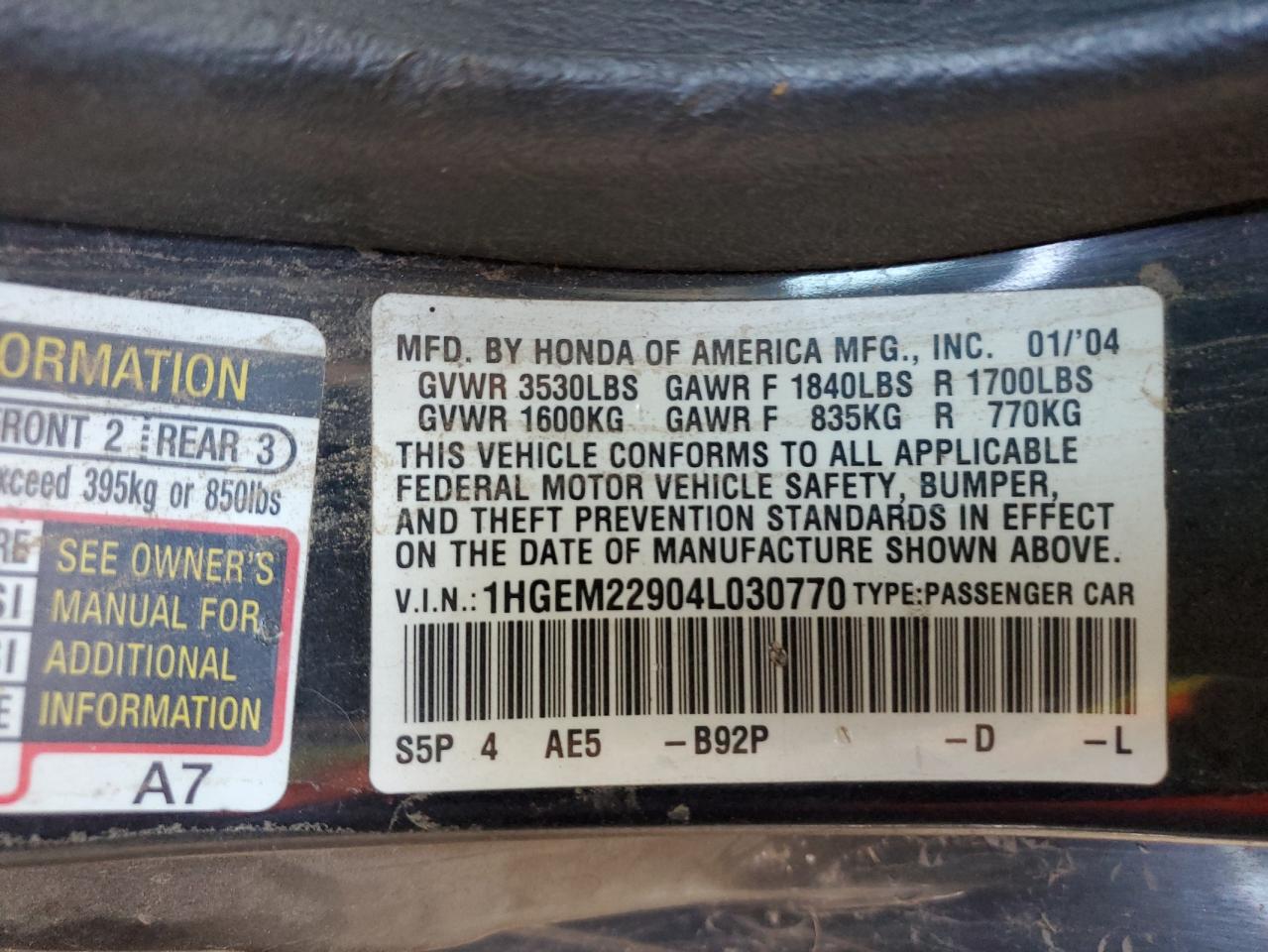 2004 Honda Civic Ex VIN: 1HGEM22904L030770 Lot: 80657665