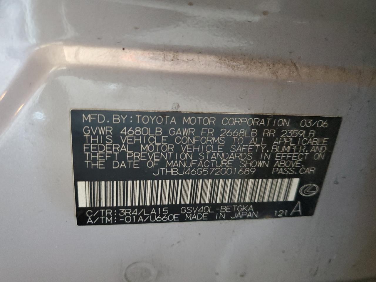 2007 Lexus Es 350 VIN: JTHBJ46G572001689 Lot: 81783705