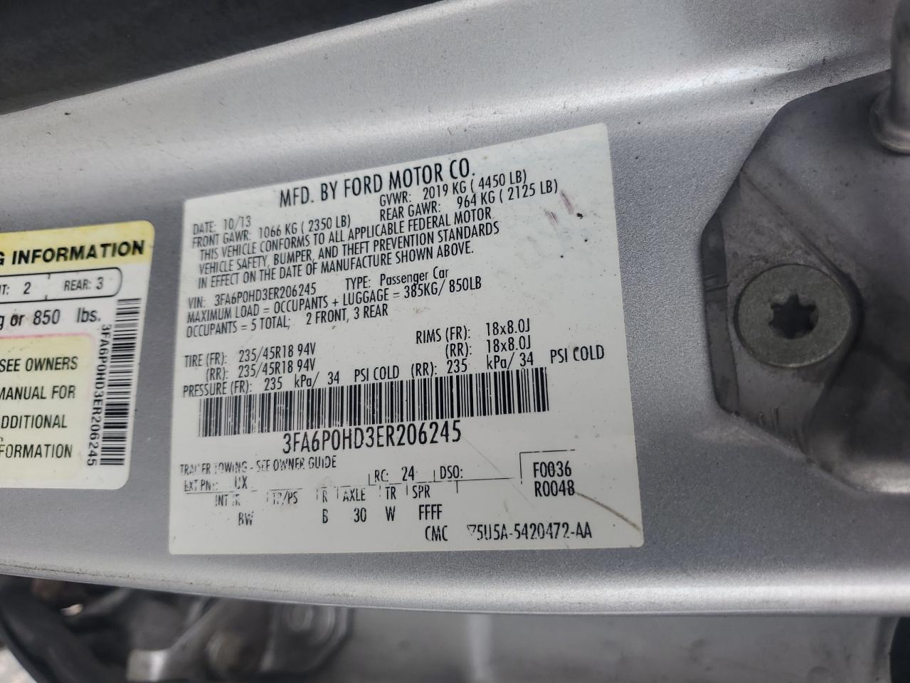 2014 Ford Fusion Se VIN: 3FA6P0HD3ER206245 Lot: 80812225