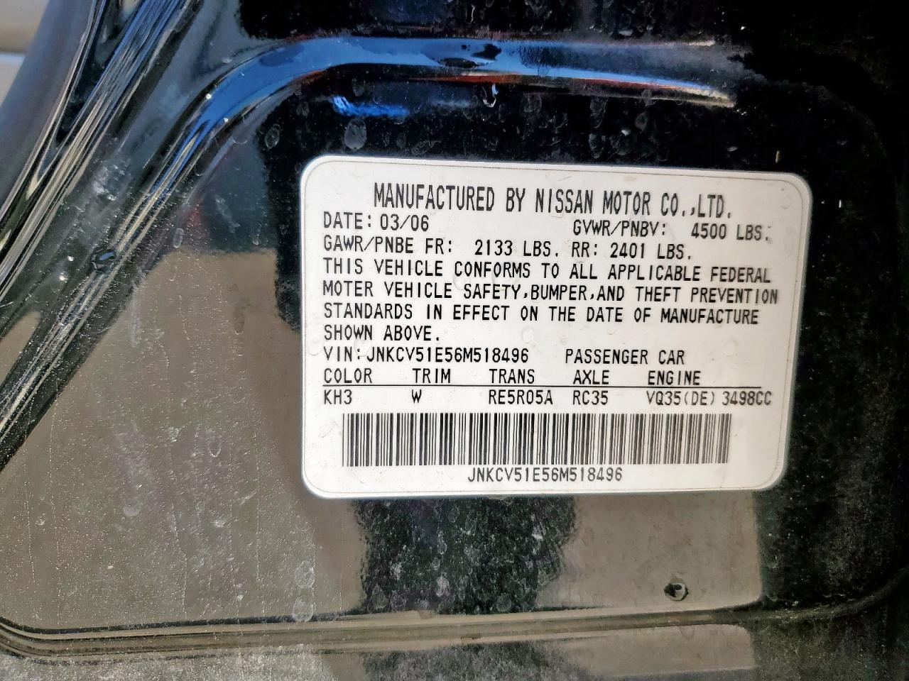 2006 Infiniti G35 VIN: JNKCV51E56M518496 Lot: 84457575