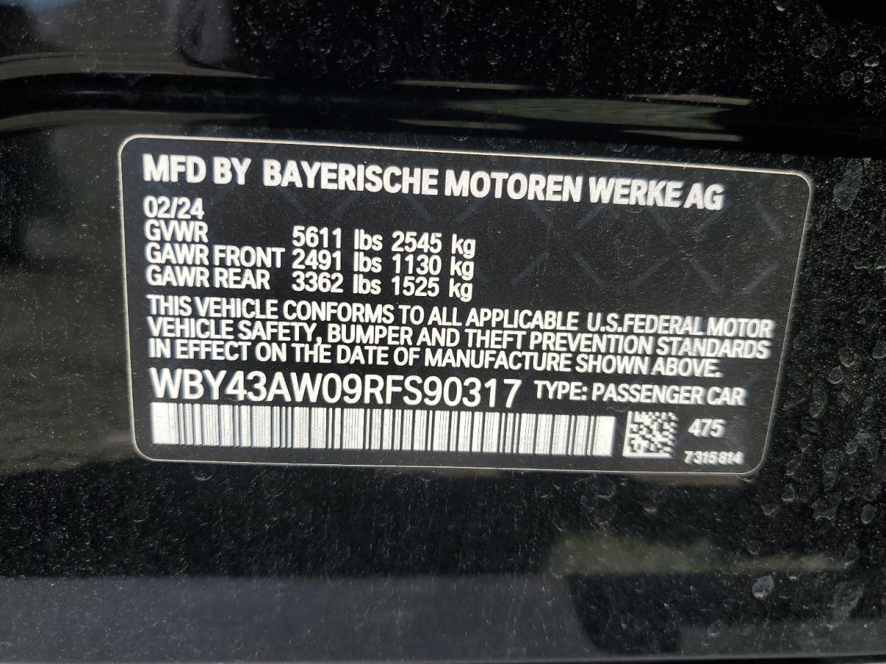 2024 BMW I4 Edrive 35 VIN: WBY43AW09RFS90317 Lot: 81701005