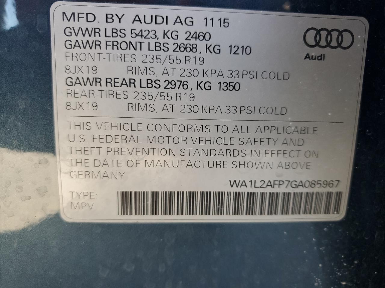 2016 Audi Q5 Premium Plus VIN: WA1L2AFP7GA085967 Lot: 84028715