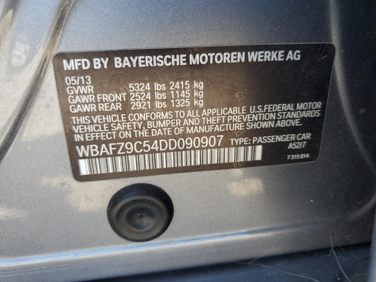 2013 BMW 535 I Hybrid VIN: WBAFZ9C54DD090907 Lot: 71112325