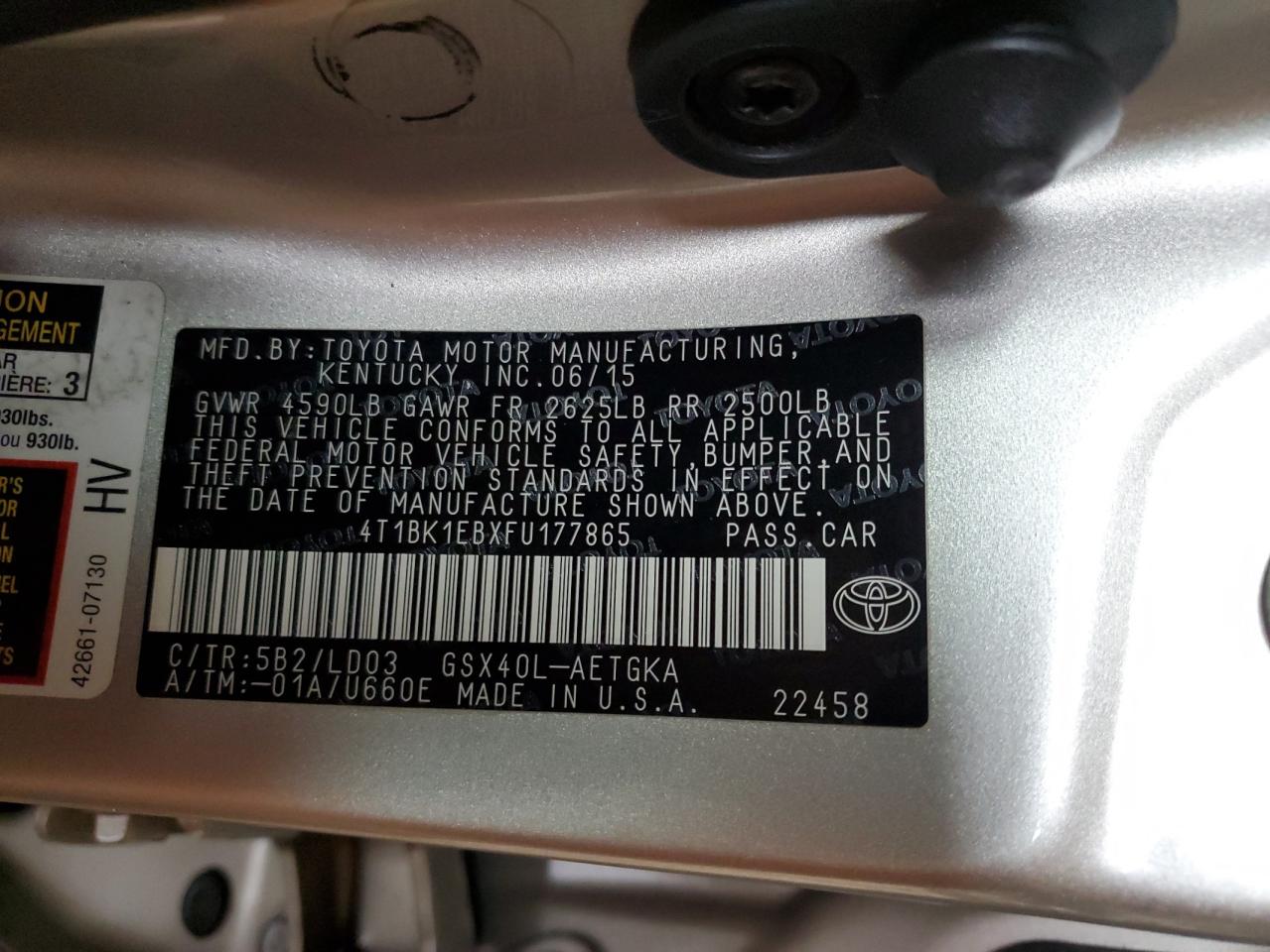 2015 Toyota Avalon Xle VIN: 4T1BK1EBXFU177865 Lot: 84395425