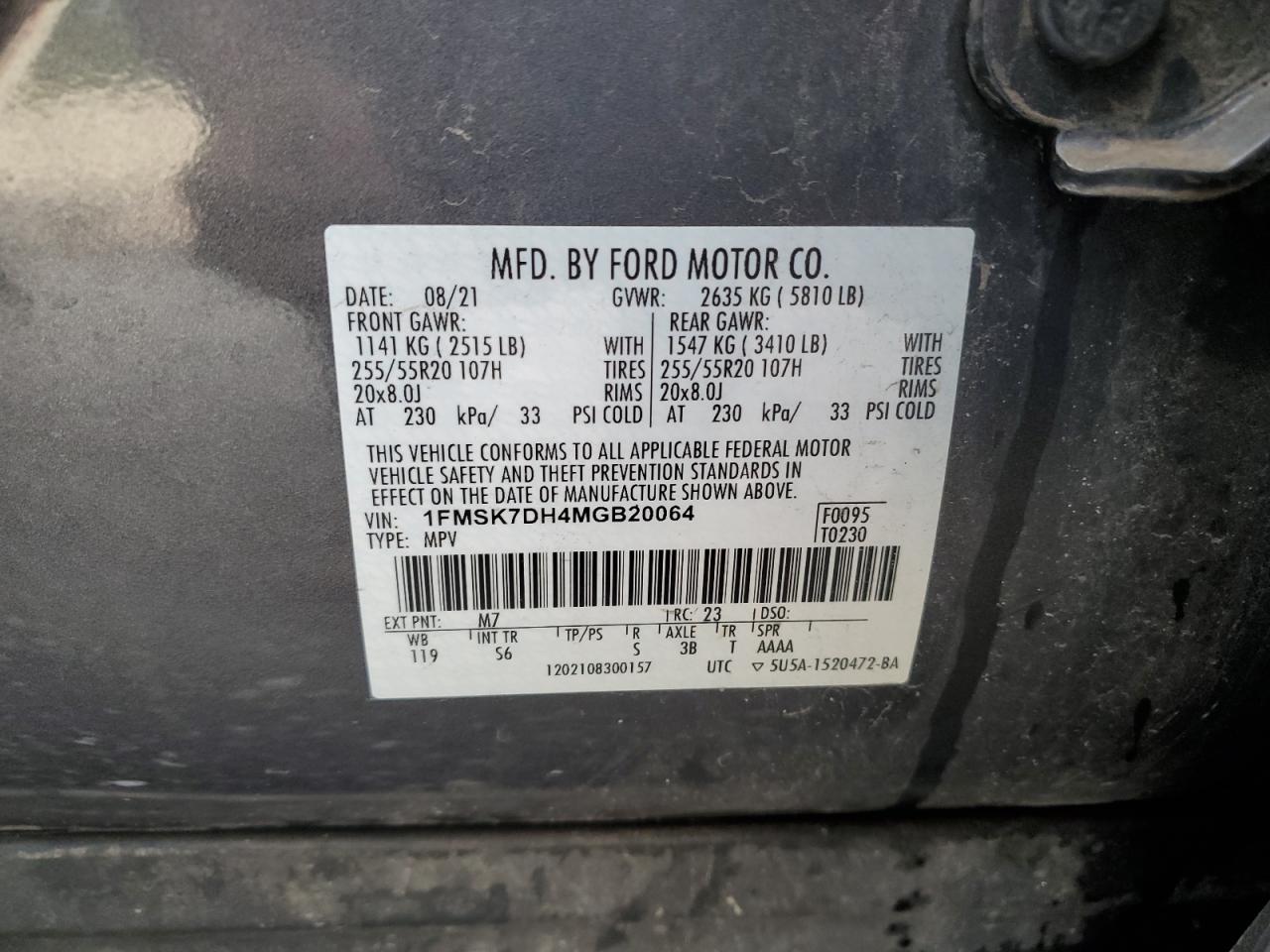 2021 Ford Explorer Xlt VIN: 1FMSK7DH4MGB20064 Lot: 81314045